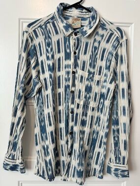 El Interior La Sirena Ikat Cotton Button Down Shirt Blue White Boho Medium